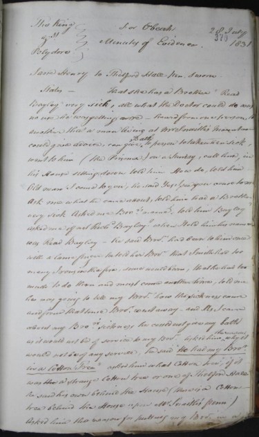 First page of Minutes of Evidence from the trial of Polydore at St Dorothy Special Slave Court, 1831. TNA CO 137/209, folio 370. Click to enlarge. Courtesy of The National Archives, UK. 